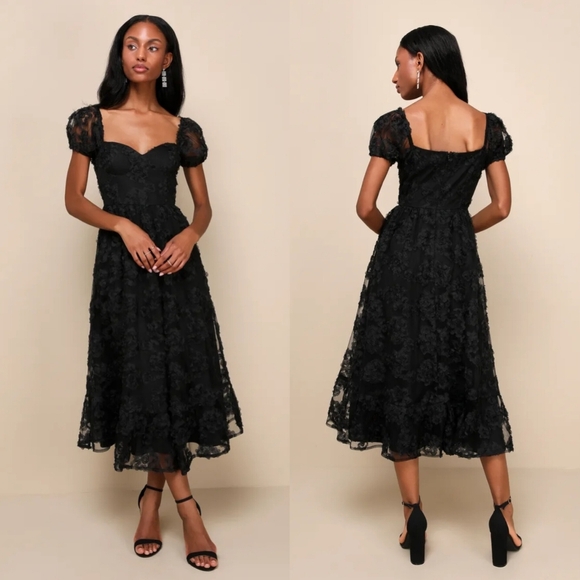 Lulus Notable Elegance Black Mesh Floral Applique Bustier Midi Dress XS Wedding - Picture 1 of 9